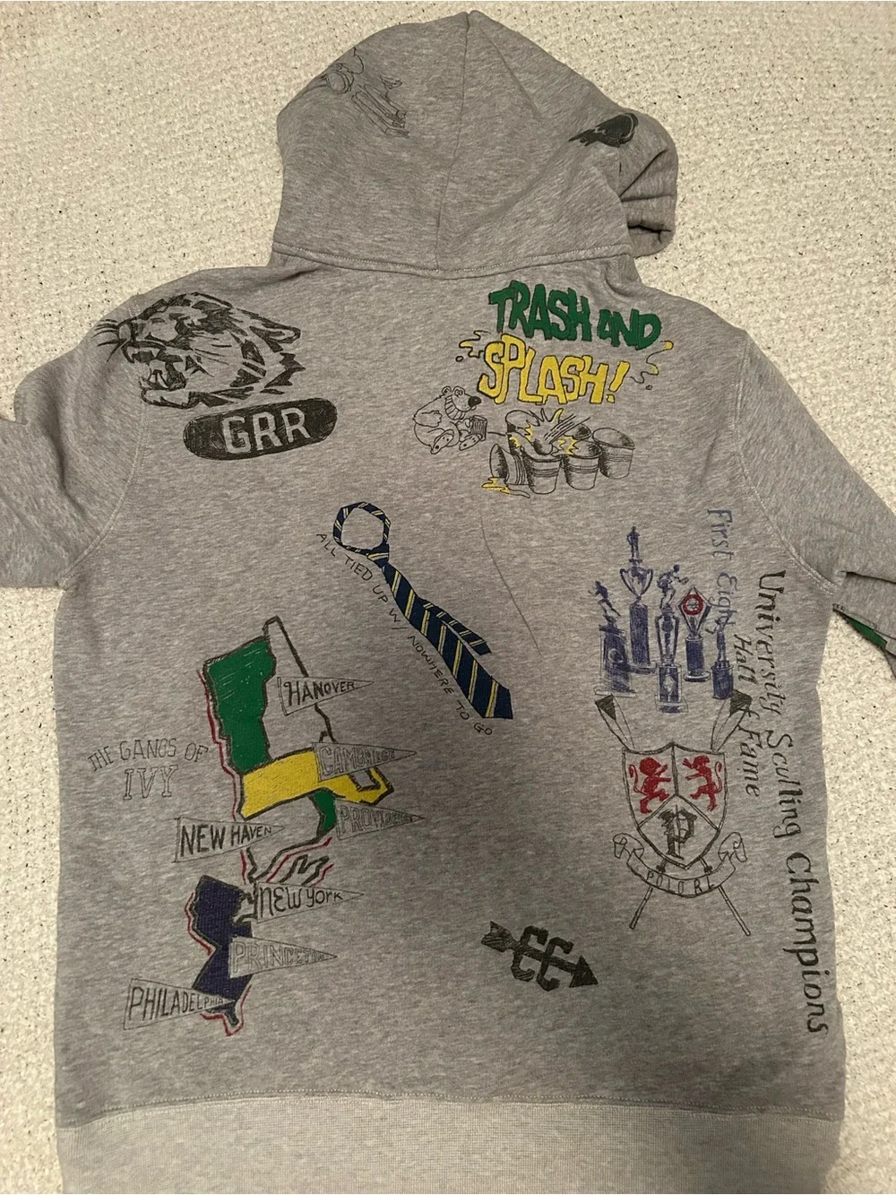Large Polo Ralph Lauren Varsity Oxford Print Grey Hoodie